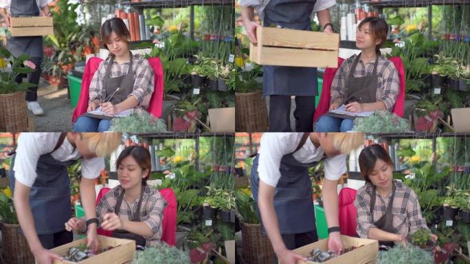 园丁女性通过从他的商店直播在社交媒体上出售植物。