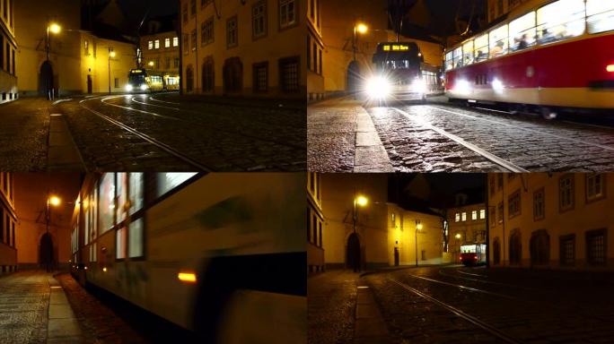 布拉格的电车在鹅卵石街道上经过