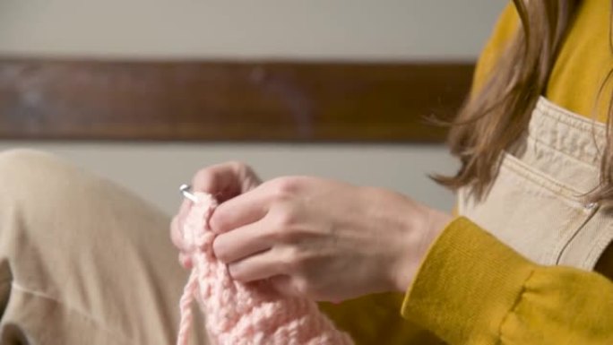 一位年轻的白人妇女坐在家里的沙发上，正在钩针编织一件羊毛制品。毛料服装的国内生产