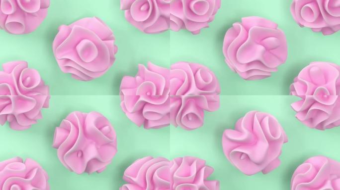 粉色抽象浪漫美丽的花朵在绿色背景上旋转。3d渲染无缝循环创意动画。情人节概念和时尚的运动图形，优雅的