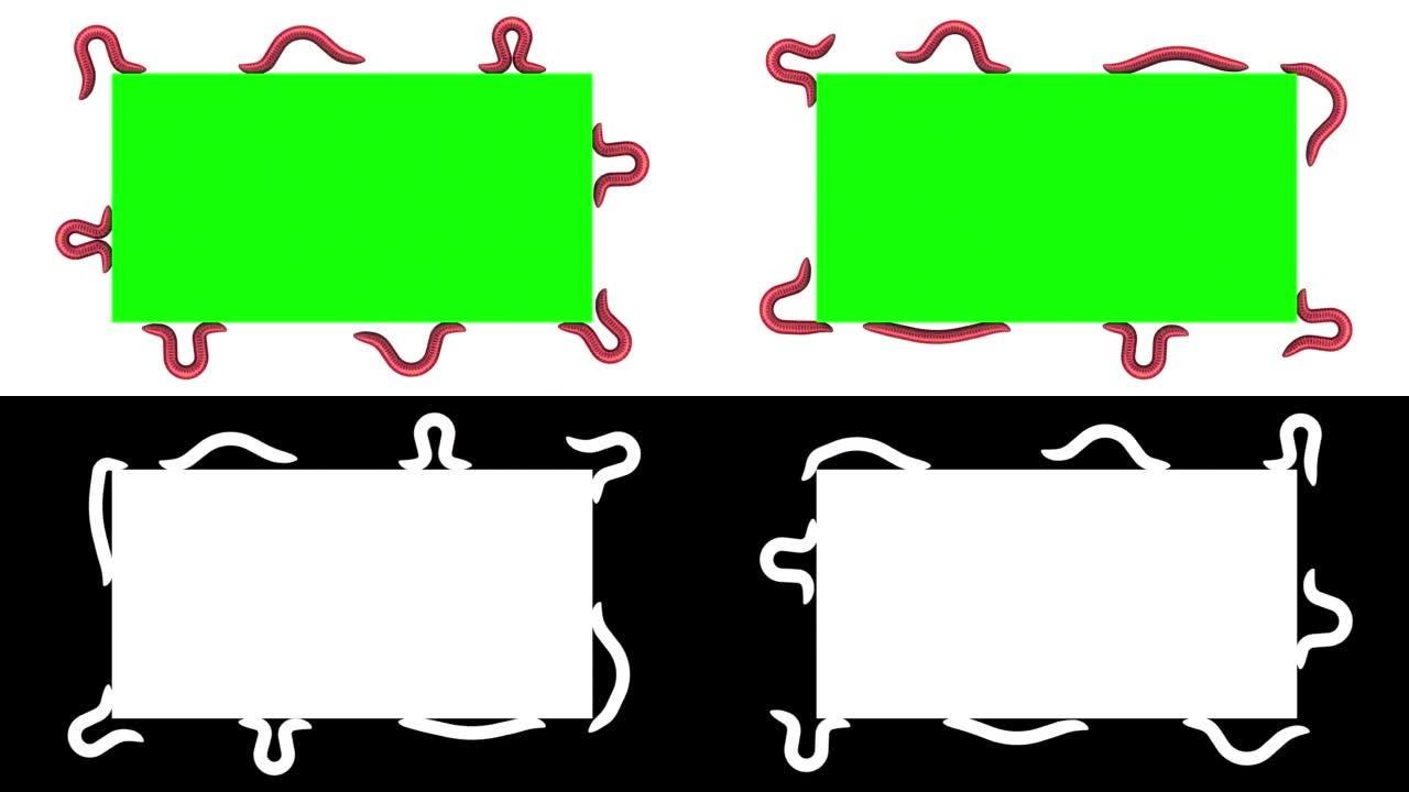 绿色矩形上的蠕虫，循环3D动画