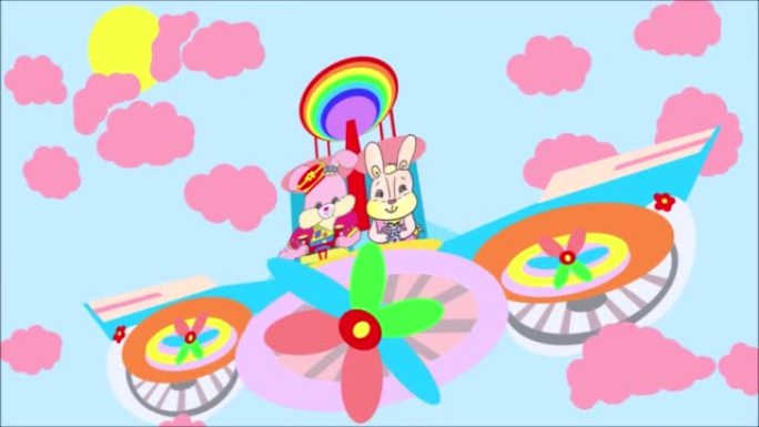 明亮的一对卡通兔子在天空中飞行飞机动画视频剪辑2022