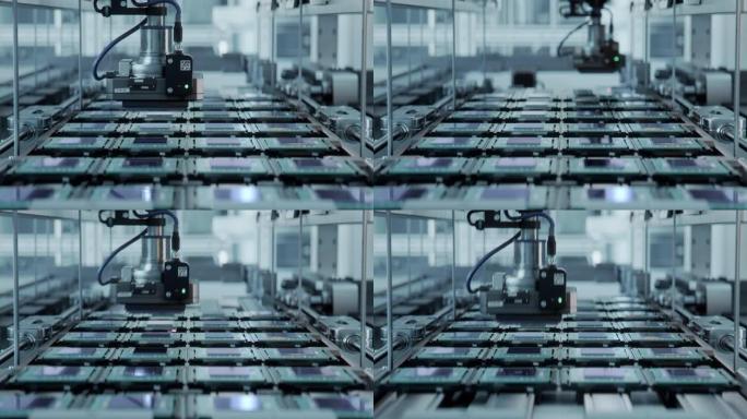 电子工厂用计算机处理器生产线的镜头。微芯片生产工艺。