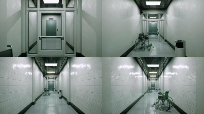一个空无一人的医院走廊，有轮椅。医疗中心的走廊。神秘的医疗走廊。该动画非常适合医学，科学和科幻背景。