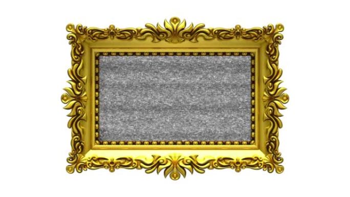 白色背景。电视噪音和绿色色度键以华丽的金色相框在屏幕上播放。3D动画介绍。