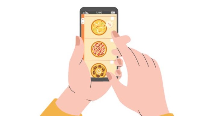 使用在线送货订购披萨，2d平面动画。在白色背景上隔离的智能手机上滚动送餐应用程序。餐厅经营理念。