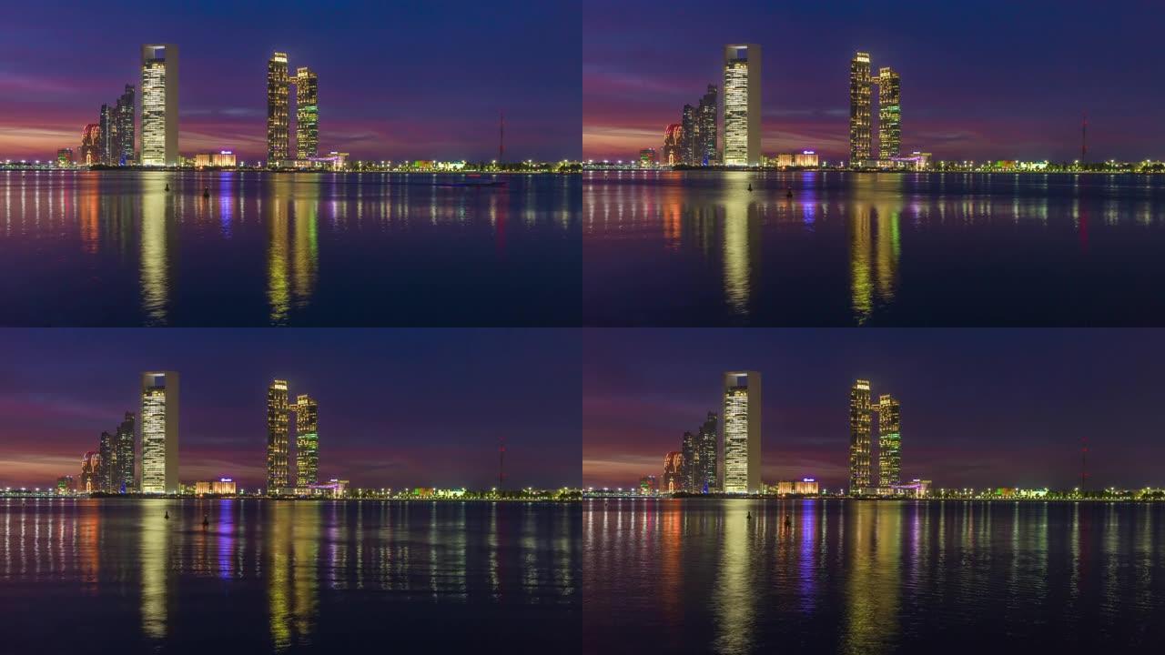 日落天空阿布扎比滨海湾市中心全景4k延时阿联酋