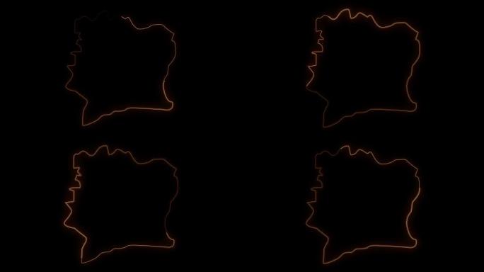 Cote Divoire地图，所有州或省份发光霓虹灯轮廓进出动画。