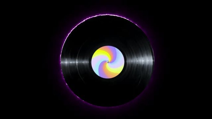 发光的紫色霓虹灯线乙烯基光盘，彩色贴纸在孤立的黑色背景上旋转。五