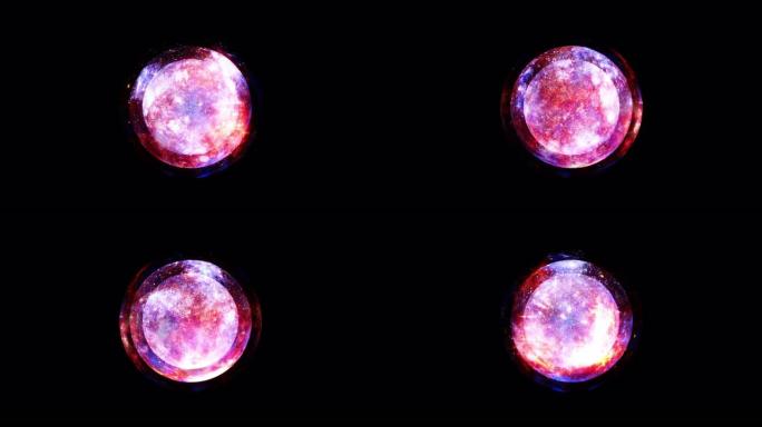 摘要黑色背景上的无缝循环多色能量球科学脉冲原子。4K 3D渲染数字动画蓝色红色能量科幻幻想原子与辐射