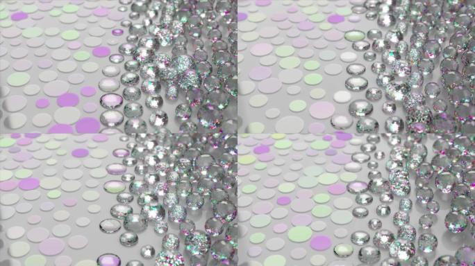钻石气泡在斑驳的表面上膨胀并破裂。白色紫色。浪。无缝循环的3d动画