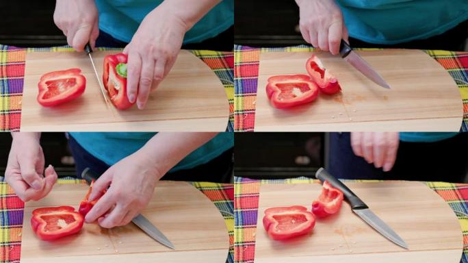 白人妇女在木切板上切甜椒