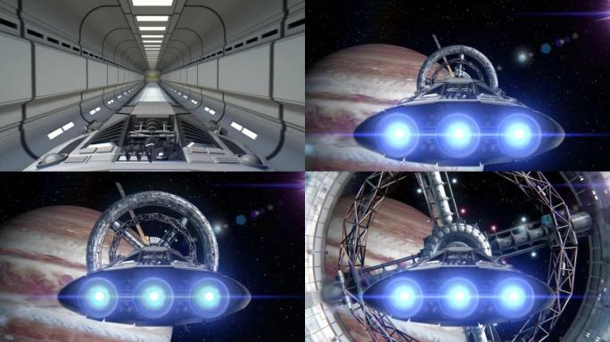 背景中的木星。飞船飞出隧道。太空船飞入太空站门，3d动画。行星的纹理是在图形编辑器中创建的，没有照片