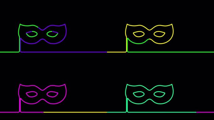狂欢节星期二发胖。黑色背景上线条美丽的黄绿色紫色嘉年华面具符号的动画绘制。威尼斯狂欢节狂欢节无缝循环