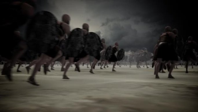 巨大的古代武士军队在战场上奔跑