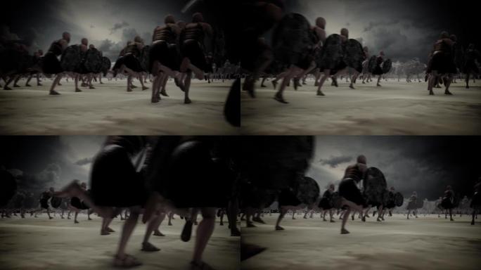 巨大的古代武士军队在战场上奔跑
