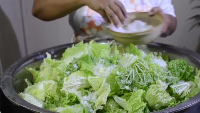 纳帕白菜撒上盐准备泡菜，这是一种韩国辣酸菜
