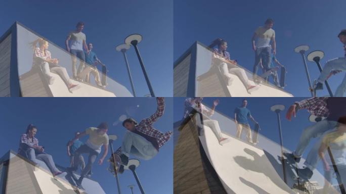 高层建筑对抗一群朋友在公园玩滑板的复合视频