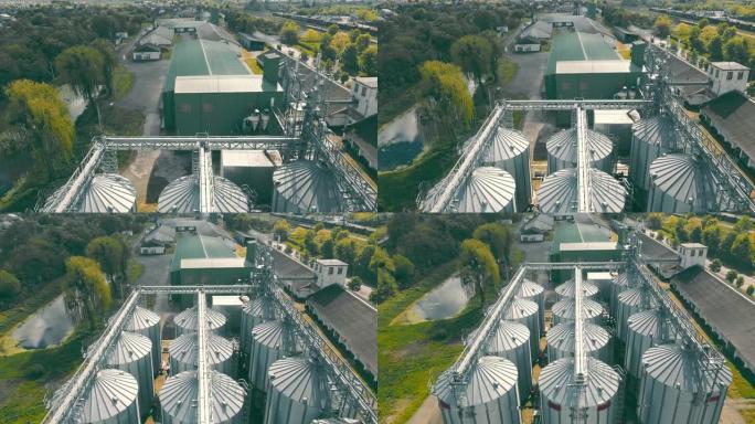 谷物加工厂顶部工业电梯的鸟瞰图。储粮电梯的俯视图