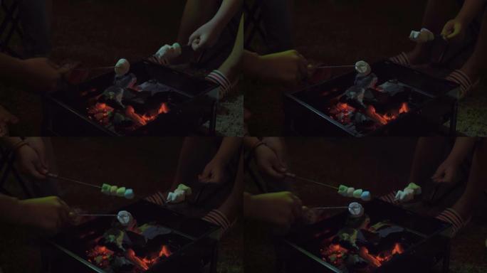 一群孩子在明火上烤棉花糖的特写镜头