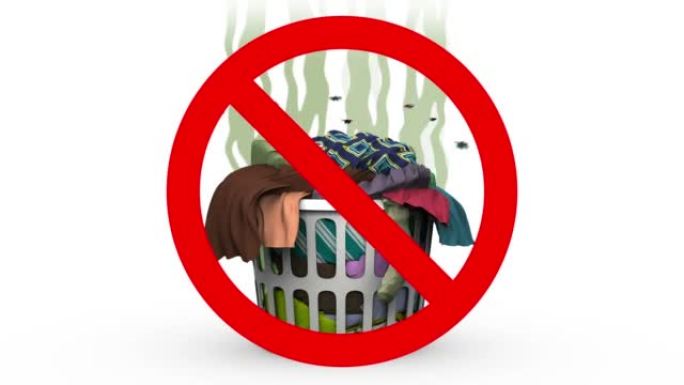 禁止使用的洗衣篮。卡通风格的3D动画。