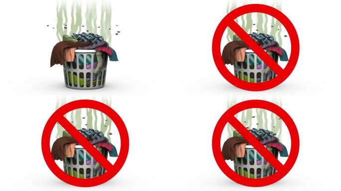 禁止使用的洗衣篮。卡通风格的3D动画。