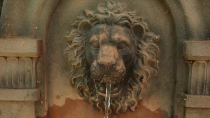 水从狮子口雕像喷泉流出