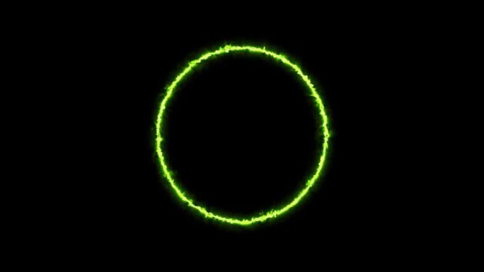 黄色闪电环，能量氖黑色背景。带雷电放电的抽象能量圈。渐渐地，出现了一个黄色的环，并在圆圈中不断发光。