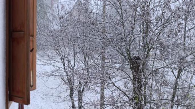 在郊区附近的大雪中，带有经典木屋的冬季景观