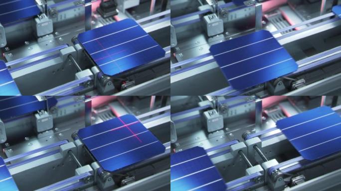 正在测试输送线上的太阳能电池板。太阳能电池板生产工艺先进工厂。