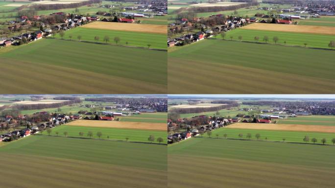 鸟瞰图飞行在绿色的农田与乡村道路的树木和村庄的房子的背景