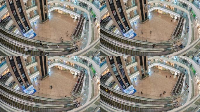 中国香港豪华购物中心综合大楼购物者的延时视图