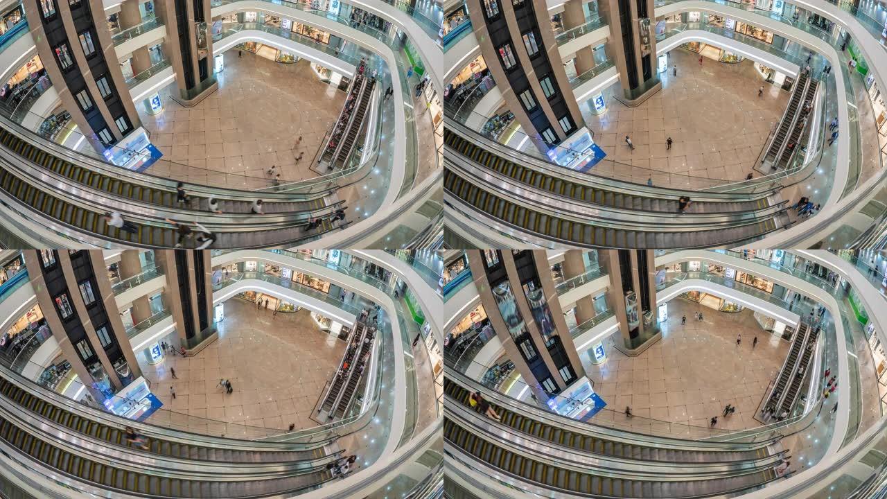中国香港豪华购物中心综合大楼购物者的延时视图