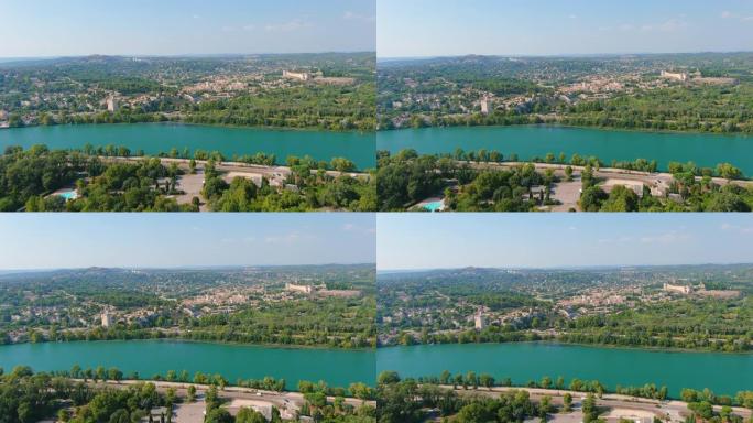 法国阿维尼翁: 罗纳河上著名的法国历史名城的鸟瞰图-从上方看欧洲全景