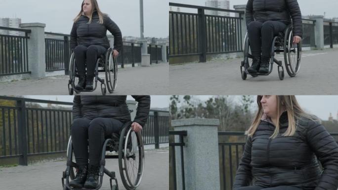 有身体残疾的妇女使用轮椅在户外行走