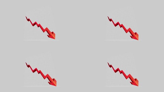向下箭头动画图标。经济简单移动箭头股票视频-动画画面显示波动下降趋势，向下红色箭头图表股票视频在灰色