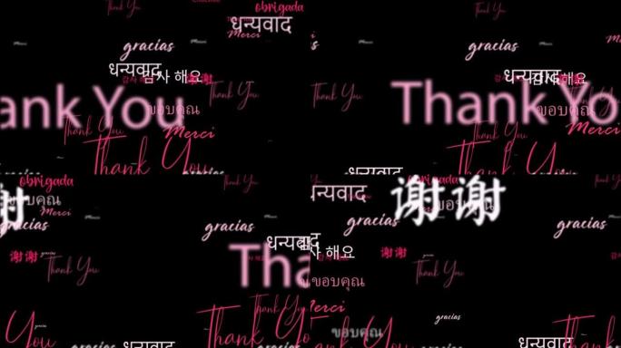 动画循环的谢谢在不同种类的语言单词相关的红色粉红色单词流动。介绍元素，黑色背景上的标题横幅