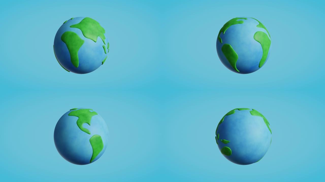 蓝色背景上的3d旋转卡通地球。4k无缝循环动画。3d渲染插图。