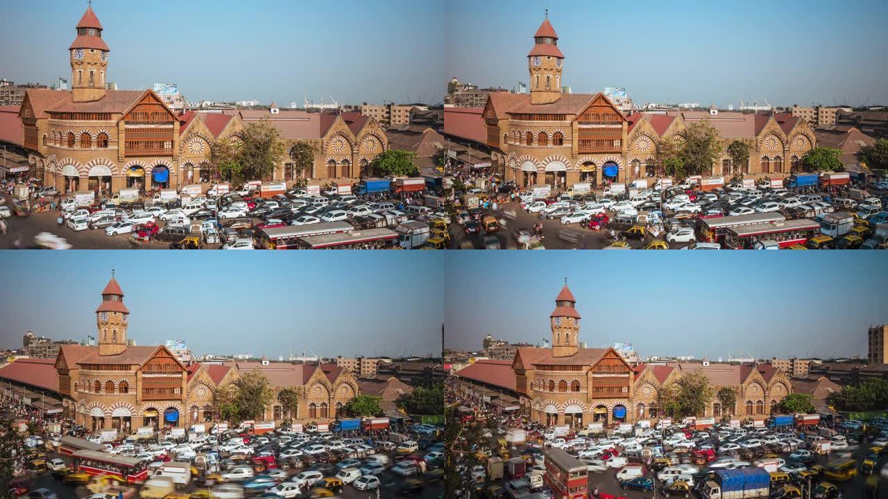 印度孟买历史地标克劳福德市场外拥挤的交通的延时视图，放大