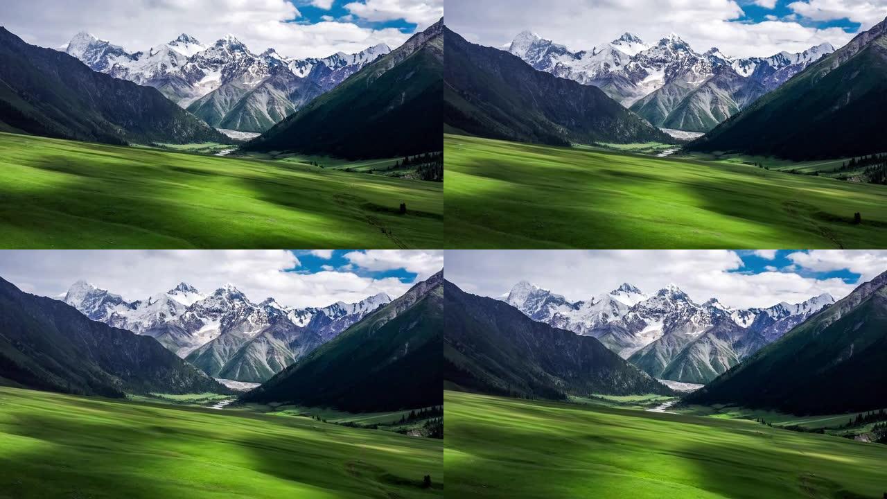 新疆绿色草原和山地景观航拍