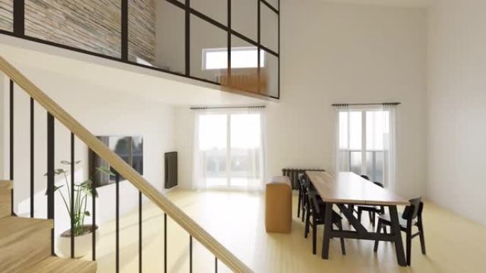 带厨房区的现代客厅。豪华两层平面设计。3d动画