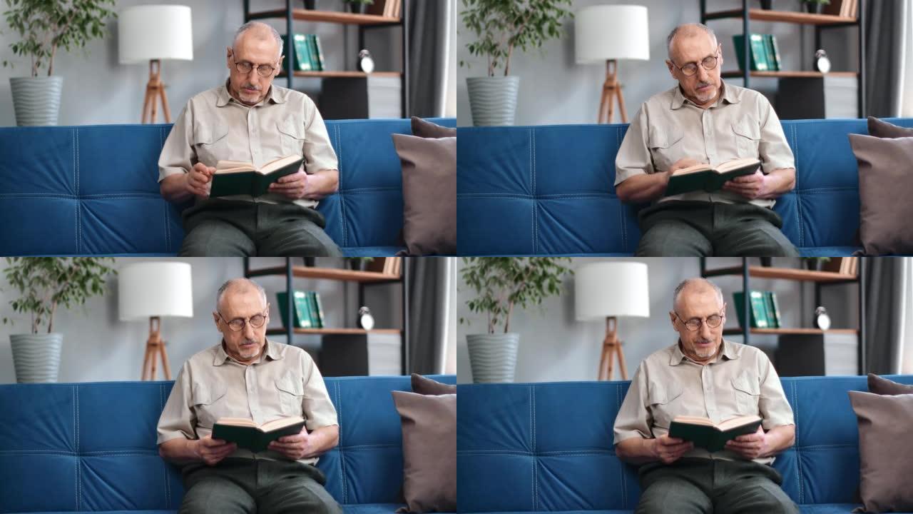 沉思的老人阅读纸质书在舒适的沙发上微笑放松享受业余爱好休闲活动