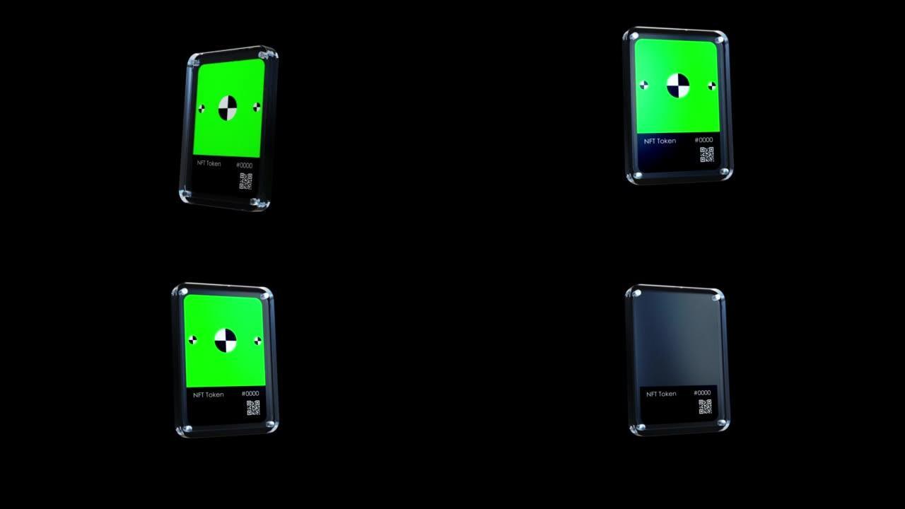NFT数字收藏卡，绿屏隔离在黑色背景上。3d渲染动画与色度键为样机。