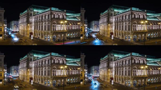 奥地利维也纳，历史地标维也纳国家歌剧院的延时景观在夜间照亮