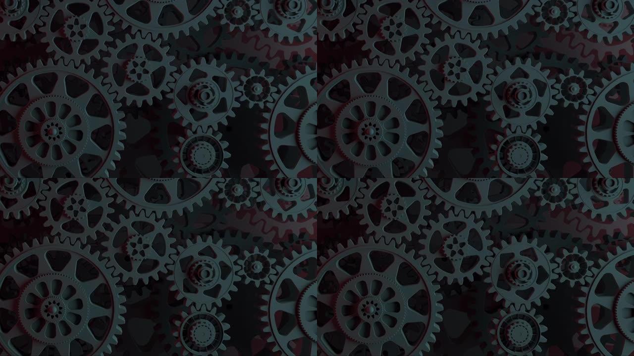 黑色齿轮平稳旋转。毛圈的3 d动画。抽象的工作流。业务和团队技术的概念。寒冷多雾的背景