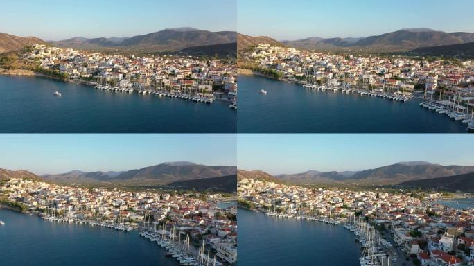 希腊埃尔米尼老城和码头或海港的鸟瞰图-无人机摄像