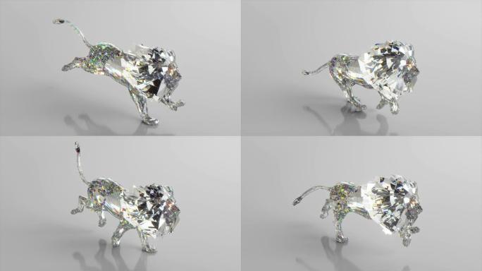 奔跑的钻石狮子。自然和动物的概念。低聚。白色。无缝循环的3d动画