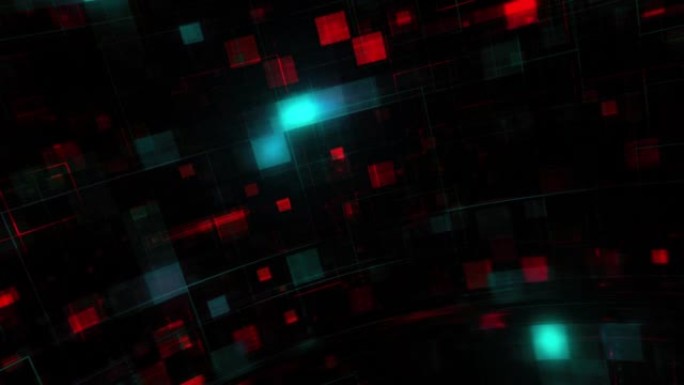 红蓝几何正方形马赛克数字文本Hitech技术背景。无缝循环4K 3D渲染视频动画移动技术方形与光。