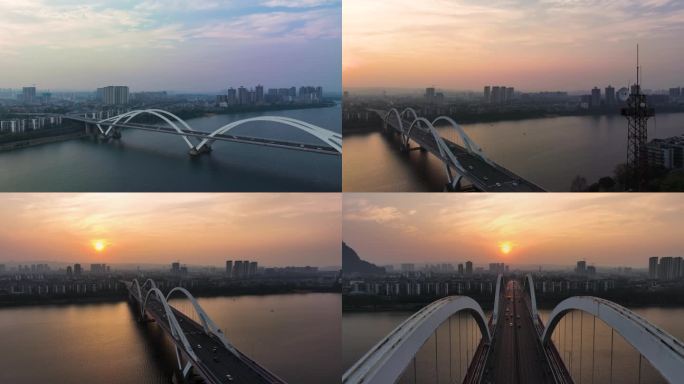 4K航拍广西柳州广雅大桥落日变化