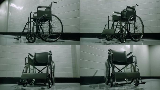 一个孤独的轮椅站在空荡荡的医疗走廊上。医疗中心的走廊。神秘的医疗走廊。动画是医疗、科学和科幻背景的理
